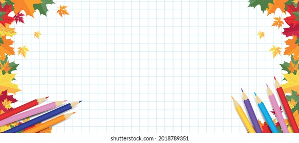 Educational autumn background. Flat style back to school concept with maple leaves and colorful pencils.Back to school notebook background with colorful maple leaves and pencils. Vector illustration 