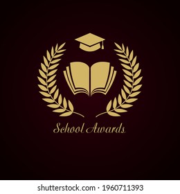 Educational awards logotype concept. Gold wreath, notebook and graduating hat. Creative school prize. Isolated abstract graphic design template. Nominee stamp. Open book framed by luxurious crown palm