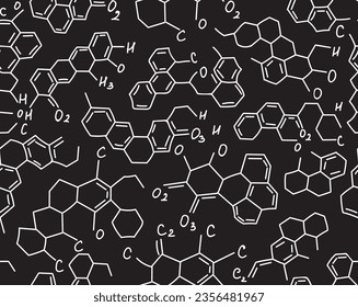 Educational "back to school" vector seamless pattern with handwritten chemistry formulas, chalk on blackboard handwritings