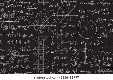 Educational "back to school" vector seamless pattern with handwritten math and physics formulas, figures and calculations