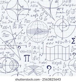 Educational "back to school" vector seamless texture with handwritten figures, math tasks, equations, formulas and calculations