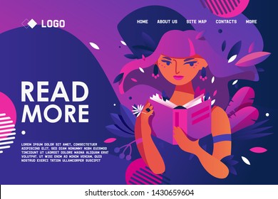 Educational banner for bookstore or library about love to read and reading people. Young woman holding paper book in vivid bright gradients drawn with purple and blue. Landing page concept template