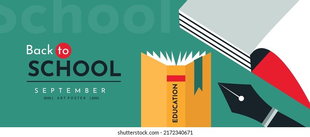 Educational banner with an open book, notebook and fountain pen. Back to School background.