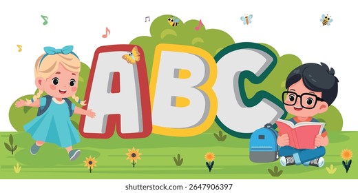 educational banner with school kids reading and playing outdoors  cartoon vector illustration