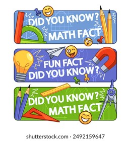 Educational Banners With Playful Illustrations Of Pencils, Rulers, And Other Tools. Cards Featuring Math And Fun Facts