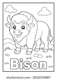 Educational Bison Coloring Sheet with Animal Name. Cute Cartoon Grassland Animal for Preschool and Elementary Kids.