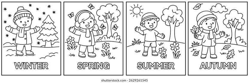 Educational black and white coloring sheet divided into four squares representing spring, summer, autumn, and winter with children in matching seasonal scenes, ideal for preschool learning