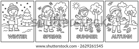 Educational black and white coloring sheet divided into four squares representing spring, summer, autumn, and winter with children in matching seasonal scenes, ideal for preschool learning