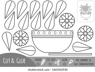 Educational black and white paper game for children, Houseplant, Gerbera. Use scissors and glue to create the image.
