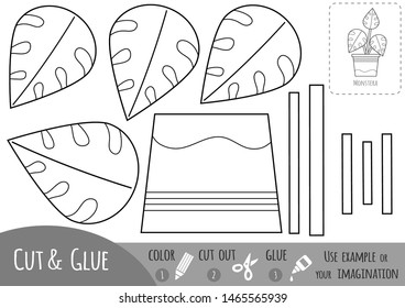 Educational black and white paper game for children, Houseplant, Monstera. Use scissors and glue to create the image.