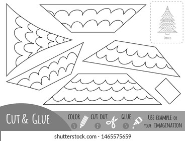 Educational black and white paper game for children, Spruce. Use scissors and glue to create the image.