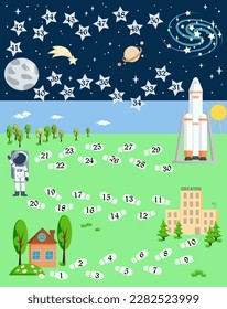 Educational board game step by step with numbers the way from home to the nearest galaxy. Cartoon vector illustration for games, children's rugs, print.