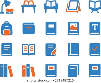 Iconos planos del libro educativo fijados con la mochila del estudiante de la lámpara de lectura y los símbolos del libro de texto de la Biblioteca