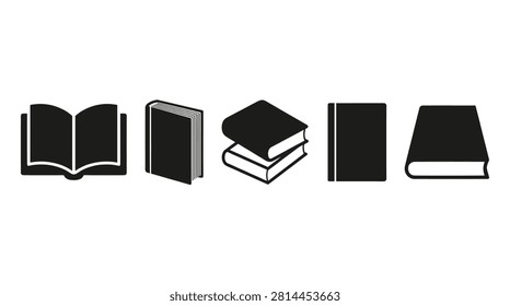Educational book themed element pack, minimalist vector, open pages, hardcovers, stacks, spines, studies, and learning