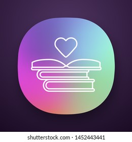 Educational books distribution app icon. Volunteer reader. Donating books. Stack of romance novels. Love of reading. UI/UX user interface. Web or mobile application. Vector isolated illustration