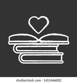 Educational books distribution chalk icon. unteer reader. Donating books. Stack of romance novels. Love of reading. Literary collection. Isolated vector chalkboard illustration