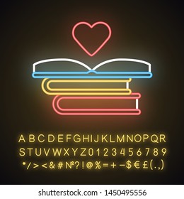 Educational books distribution neon light icon. Donating books. Stack of romance novels. Love of reading. Glowing sign with alphabet, numbers and symbols. Vector isolated illustration