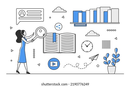 Información de libros educativos. Aprendizaje escolar, obtención de conocimientos académicos, estudio literatura vectorial monocolor ilustración
