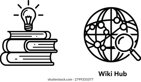 Educational books with lightbulb and wiki hub global search lightbulb research knowledge education learning information magnifying academic solution