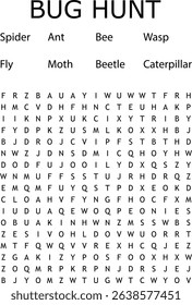 Educational bug hunt word search puzzle featuring insects and caterpillars for fun
