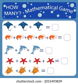 Un juego matemático y de cálculo educativo sobre el tema del mar para niños preescolares. Cuenta el número de gambas, gambas, estingrays, pez estrella y delfines en la imagen y escribe el resultado