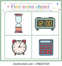 Educational card for children, find an extra object where the clock and calculator are shown, the calculator is extra. Vector illustration. Design of children's books, preschool education