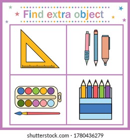 Educational card for children, find an extra object that shows items for drawing and a ruler, a ruler is superfluous. Vector illustration. Design of children's books, education