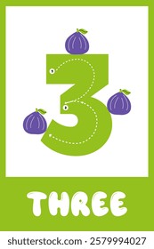 Educational card displaying the number three with creative fruit graphics for children’s learning