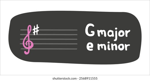 Educational card with key of G major and e minor. Vector flat hand drawn music theory illustration in cartoon style