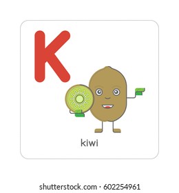Educational card for learning English alphabet for kids with fruits and berries. Letter K for Kiwi. Vector illustration with funny cartoon character