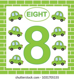 Educational card number 8 (eight) with cars. Learning numbers, mathematics.