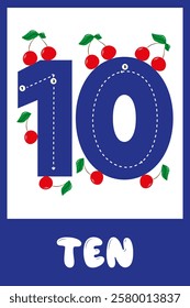 Educational card with number ten and creative fruit graphics for children's learning. Educational cards for children.