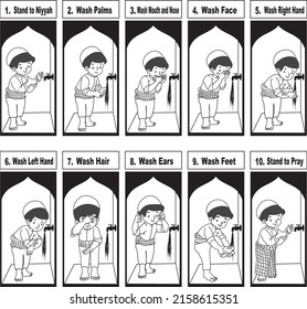 
Educational card series about ablution (ablution) step by step with pictures in English. Lineart