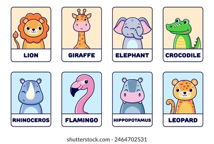 Tarjetas educativas con animales africanos. Estas tarjetas son perfectas para juegos educativos, lecciones de biología, actividades de enriquecimiento y creación de libros para niños.