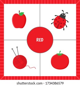Educational cards for children: learning colors. objects of red color. Vector illustration.