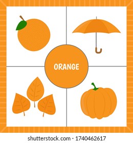 Karten für Kinder: Lernfarben. Objekte in orangefarbener Farbe. Schneide die Karten aus. Vector-Abbildung.