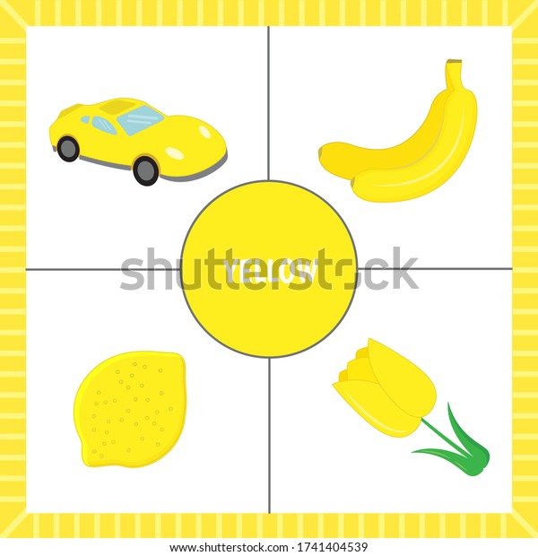 Educational cards for\
children: learning colors. Objects of yellow color. Cut out the\
cards. Vector\
illustration.