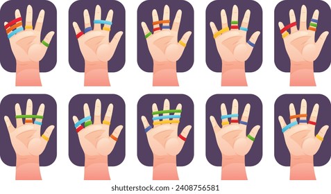 Educational cards for children. Neurohymnastics for hands and fingers, playing with elastic bands, do it by example. Vector educational image of exercises for fine motor skills