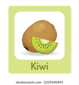 Educational cards for children with ripe, juicy, brown kiwi. Fruit alphabet. Preschool education. Vector illustration.