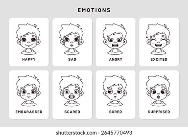 Educational Cards for kids. Set of flashcards for preschoolers from primary school. Materials with boy expressing different emotions. Outline vector illustration collection isolated on background
