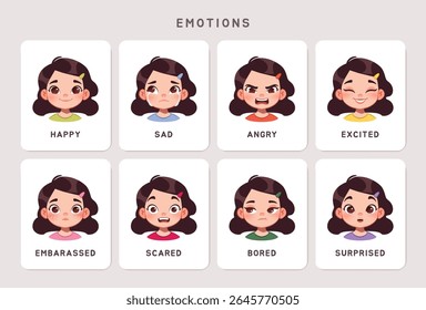 Educational Cards for kids. Set of flashcards for preschoolers from elementary school. Materials with girl expressing different emotions. Flat vector illustration collection isolated on background