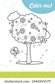 Educational cards for spring time season with blooming tree, butterfly and rainy clouds.A printable worksheet, vector illustration.	
