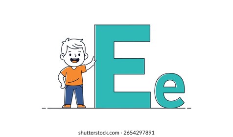 Educational cartoon character introducing the letter e for early childhood learning and alphabet recognition
