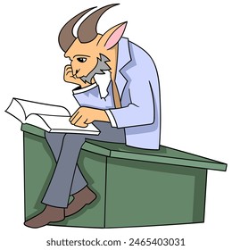 Educational cartoon doodle, a goat wearing a suit is sitting pensively reading a Bible book