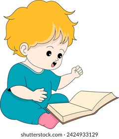 educational cartoon doodle illustration, toddler boy is sitting reading a story book, creative drawing 