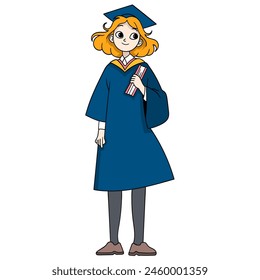 educational cartoon doodle, young woman celebrating her university graduation