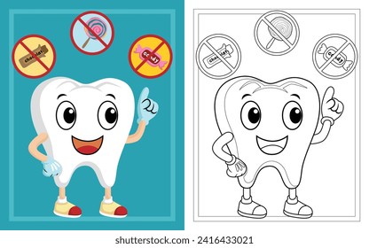 Educational cartoon with funny teeth, bad food for teeth, coloring book or page