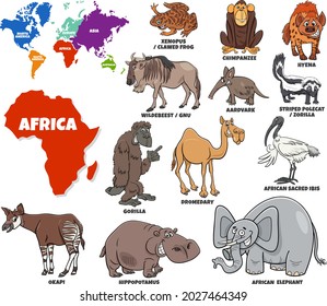 Educational cartoon illustration of African animal species set and world map with continents shapes