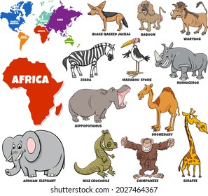 Educational cartoon illustration of African animal characters set and world map with continents shapes