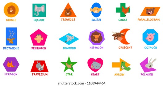 Educational Cartoon Illustration of All Basic Geometric Shapes with Captions and Cute Animal Characters for Children